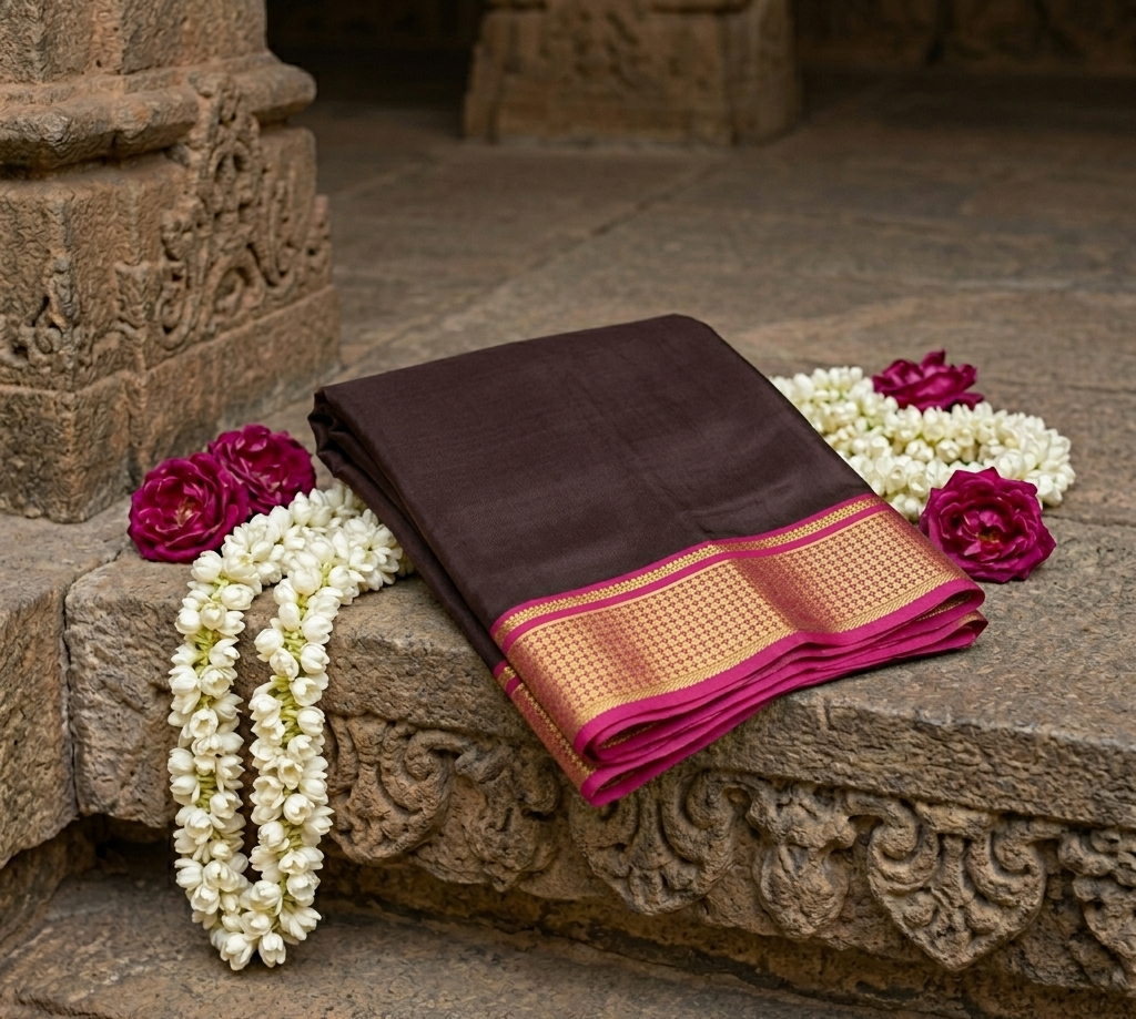 Royal Deep Chocolate Brown Crepe Saree with Traditional Pineapple Border