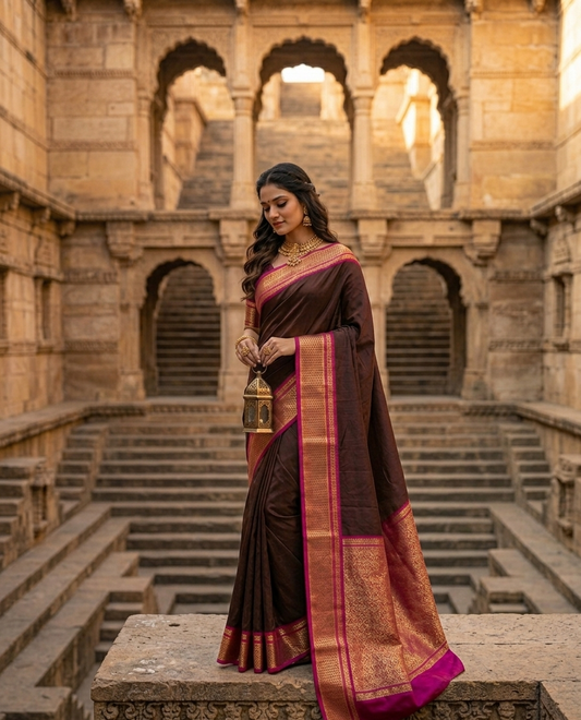 Royal Deep Chocolate Brown Crepe Saree with Traditional Pineapple Border