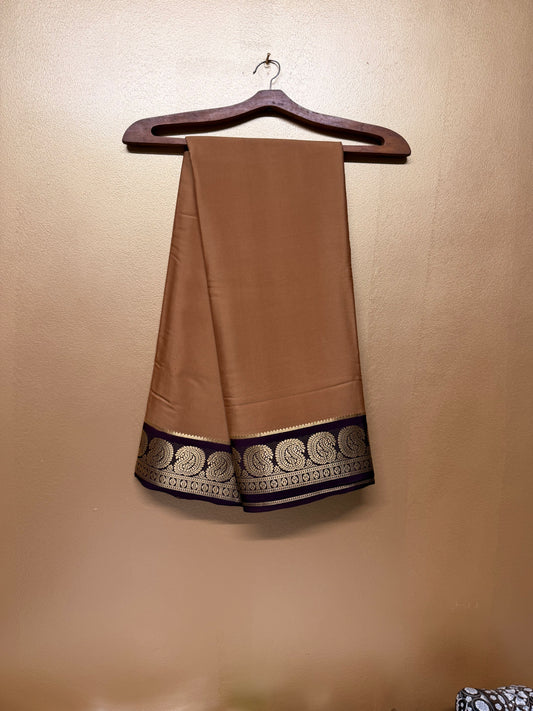 Kanakambara — Mustard Gold Silk Saree with Wine Maroon Zari Border