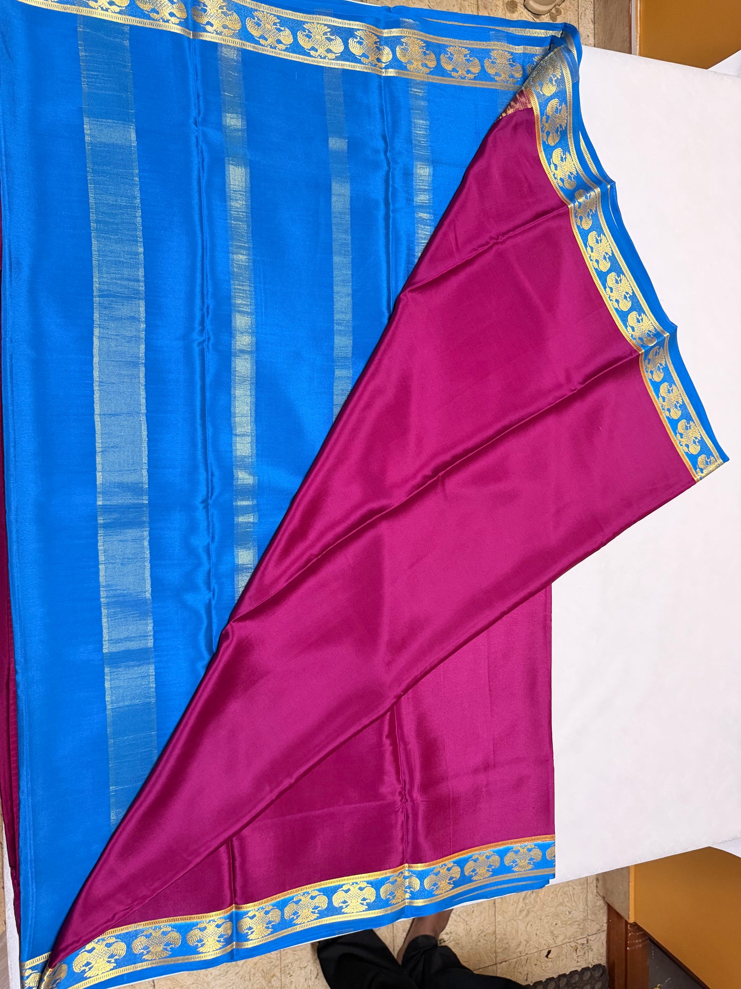Raktavalli — Deep Wine Silk Saree with Royal Blue & Gold Gandaberunda Border