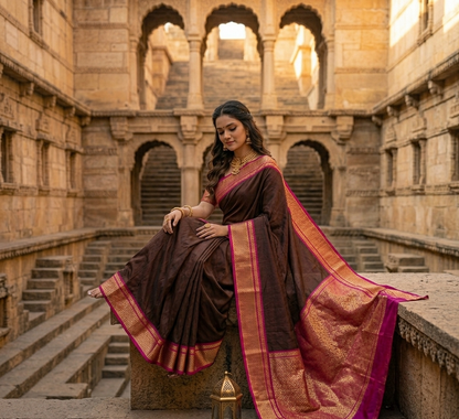 Royal Deep Chocolate Brown Crepe Saree with Traditional Pineapple Border