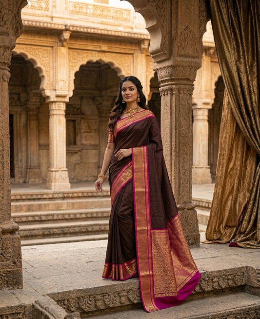 Royal Deep Chocolate Brown Crepe Saree with Traditional Pineapple Border