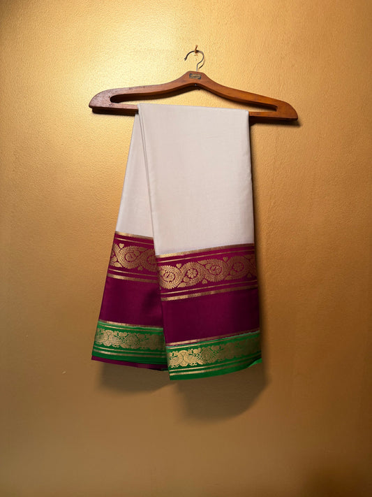 Vasanthika — Ivory Silk Saree with Maroon & Emerald Green Bentex Border