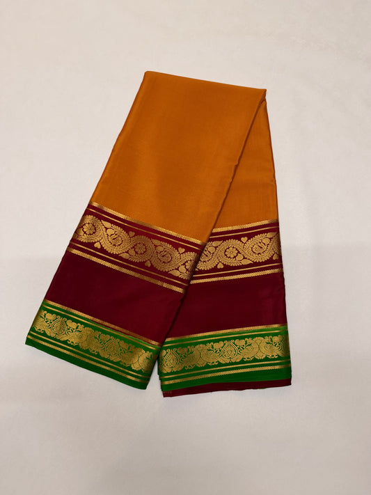 Kanakambari — Mustard Orange Silk Saree with Wine Maroon & Emerald Green Bentex Border
