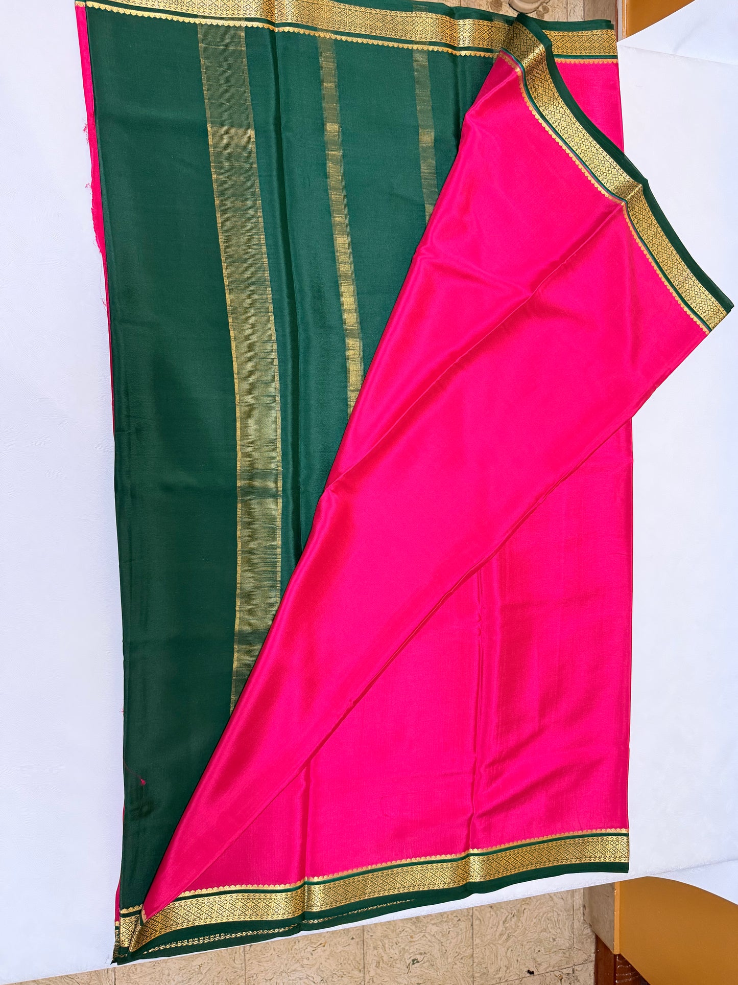 Rani Pink Silk Saree with Black & Gold Big Piping Border