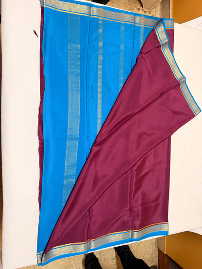 Manjari — Rich Plum Silk Saree with Royal Blue & Gold Big Piping Border