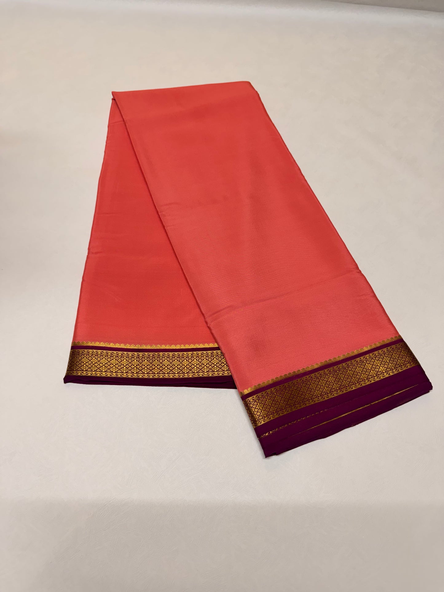 Coral Red Silk Saree with Wine Purple & Gold Big Piping Border