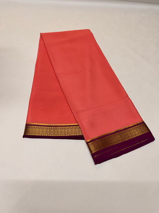 Coral Red Silk Saree with Wine Purple & Gold Big Piping Border