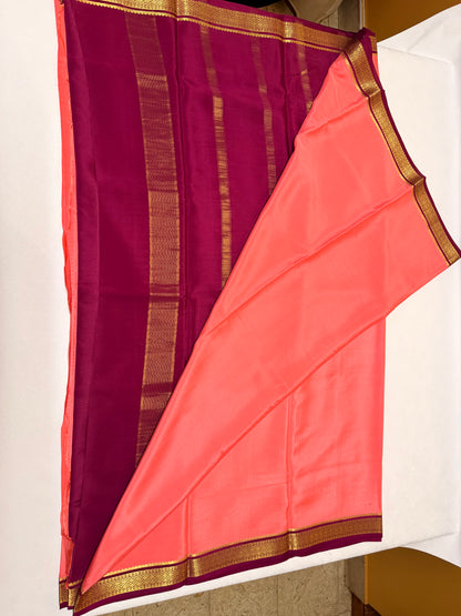 Coral Red Silk Saree with Wine Purple & Gold Big Piping Border