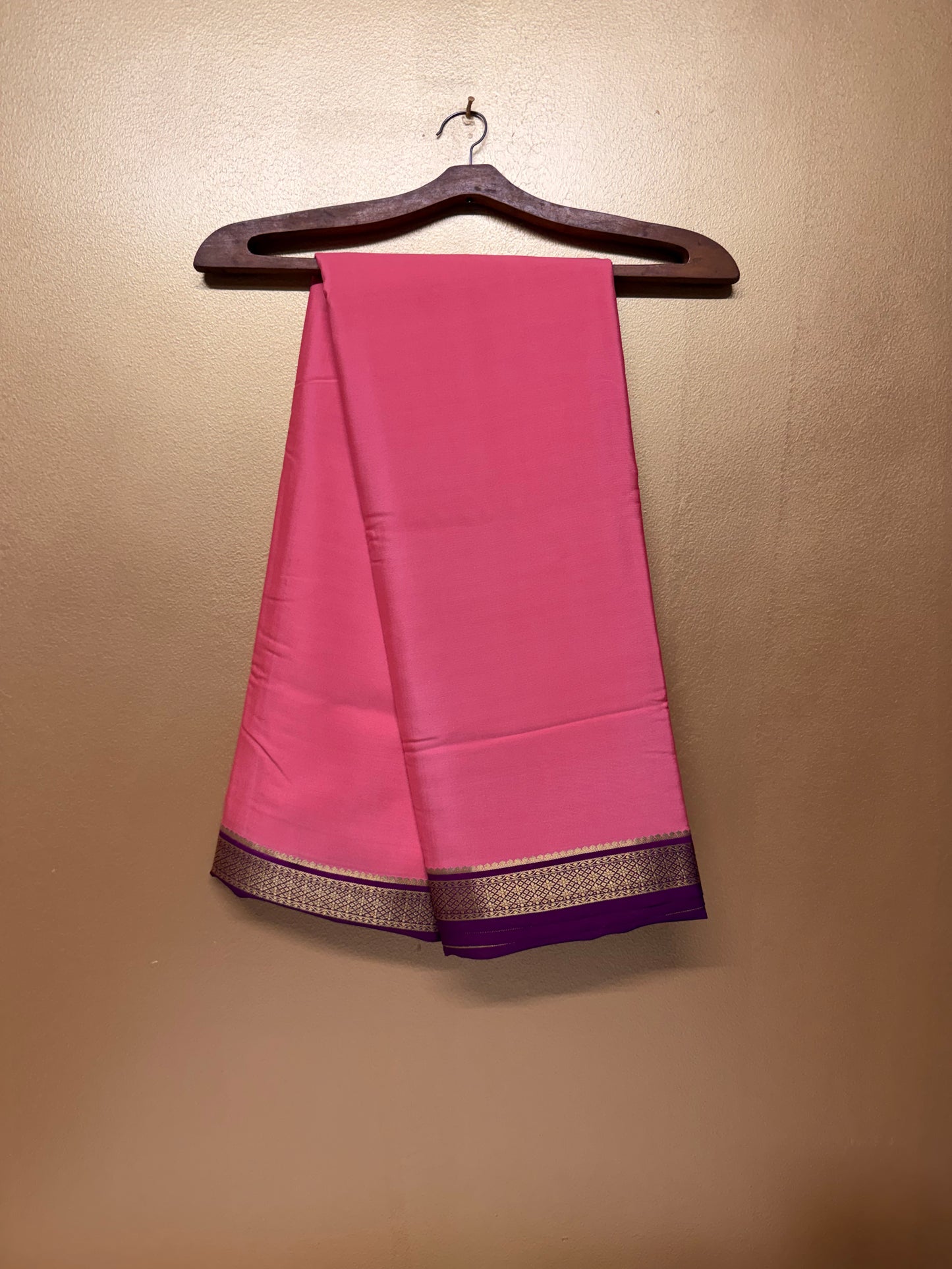 Coral Red Silk Saree with Wine Purple & Gold Big Piping Border