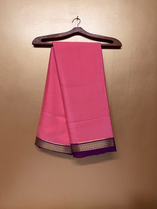 Coral Red Silk Saree with Wine Purple & Gold Big Piping Border