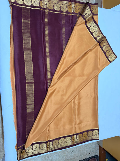 Kanakambara — Mustard Gold Silk Saree with Wine Maroon Zari Border