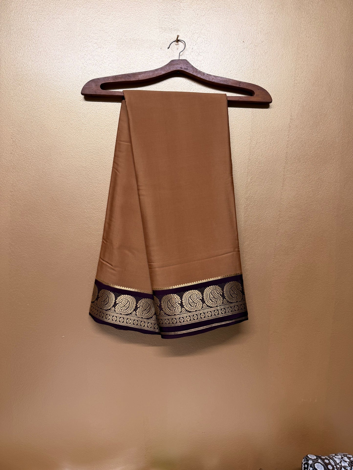 Kanakambara — Mustard Gold Silk Saree with Wine Maroon Zari Border