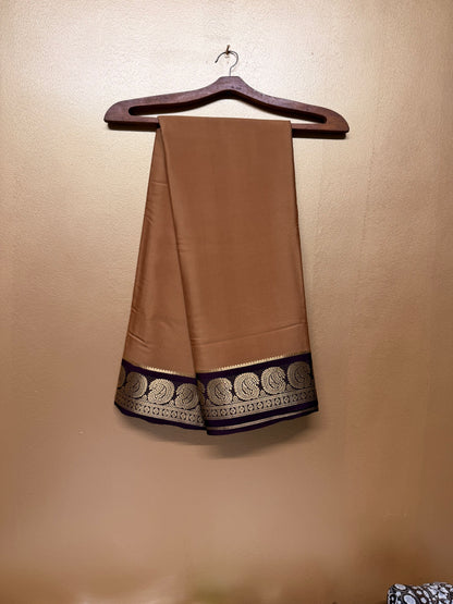 Kanakambara — Mustard Gold Silk Saree with Wine Maroon Zari Border