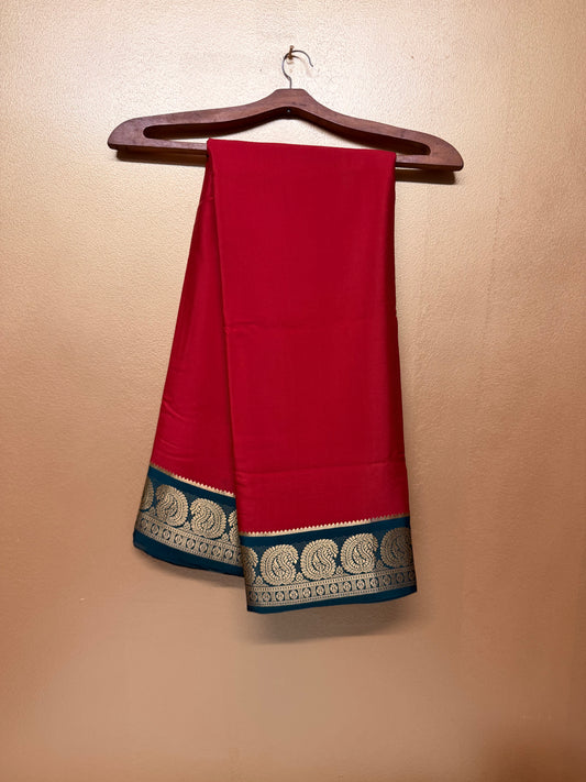 Raktashree — Brick Red Silk Saree with Bottle Green Zari Border