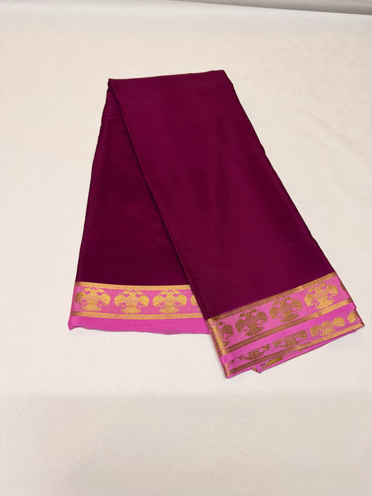 Madhurika — Deep Wine Silk Saree with Pink & Gold Gandaberunda Border