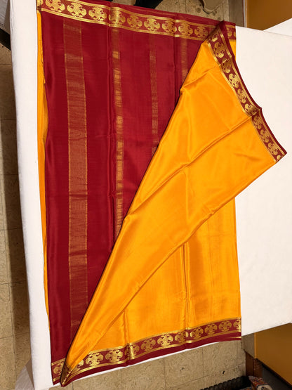 Kanakambari — Mustard Gold Silk Saree with Maroon Gandaberunda Zari Border