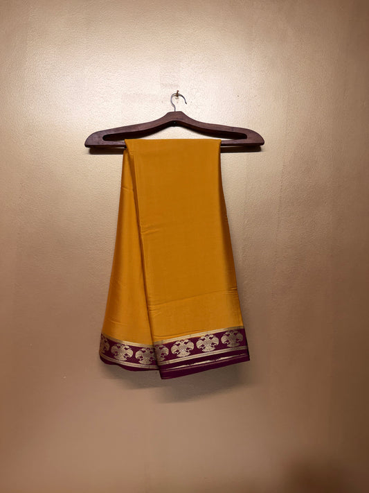 Kanakambari — Mustard Gold Silk Saree with Maroon Gandaberunda Zari Border