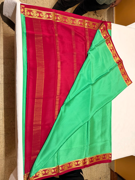 Haritha — Emerald Green Silk Saree with Maroon Gandaberunda Zari Border