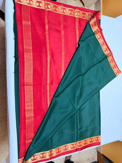 Neelavalli — Deep Bottle Green Silk Saree with Red & Gold Gandaberunda Border