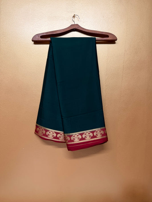 Neelavalli — Deep Bottle Green Silk Saree with Red & Gold Gandaberunda Border