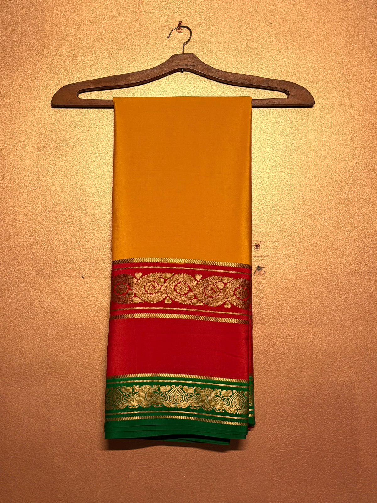 Kanakadhara — Golden Yellow Silk Saree with Red Bentex Border & Green Pallu