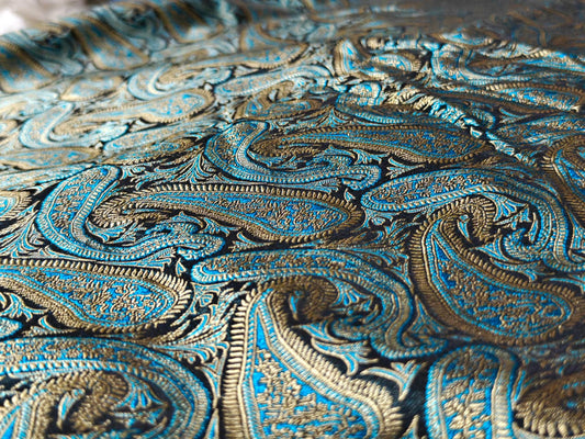 Rich Blue Black & Gold Tanchoi Silk Fabric