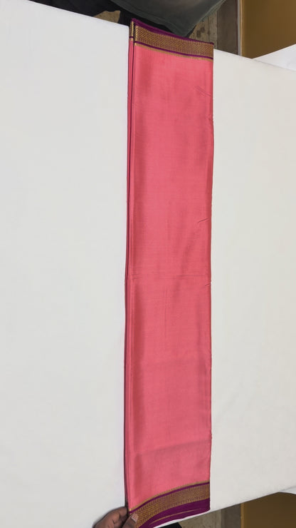 Coral Red Silk Saree with Wine Purple & Gold Big Piping Border