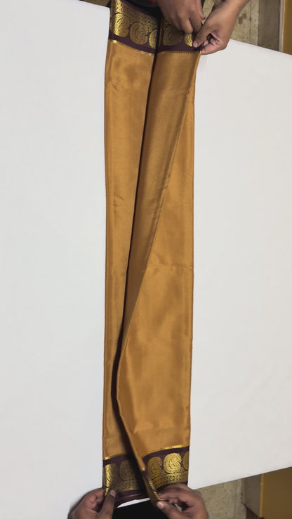 Kanakambara — Mustard Gold Silk Saree with Wine Maroon Zari Border