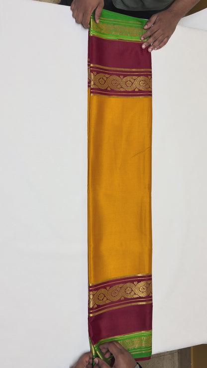 Kanakambari — Mustard Orange Silk Saree with Wine Maroon & Emerald Green Bentex Border