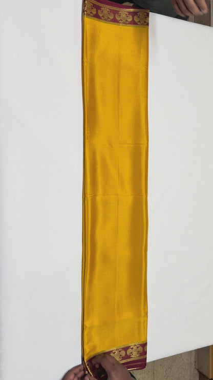 Kanakambari — Mustard Gold Silk Saree with Maroon Gandaberunda Zari Border